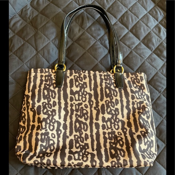 Coach Tan/Brown Animal Print Material Tote with Black Trim - Picture 4 of 10